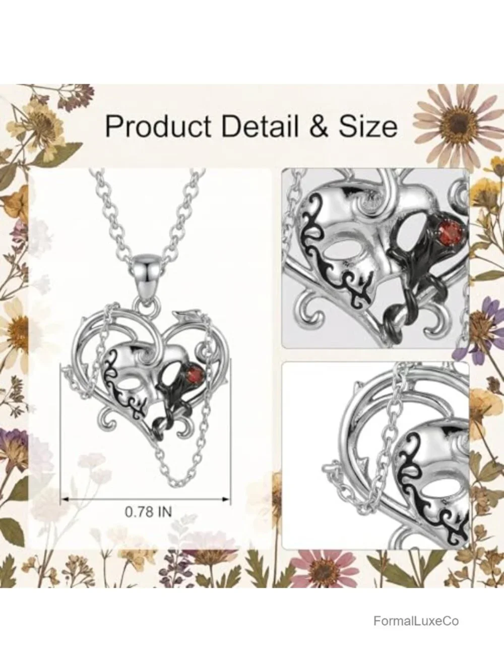Phantom of the Opera Sterling Silver Gothic Heart Pendant Necklace 18in